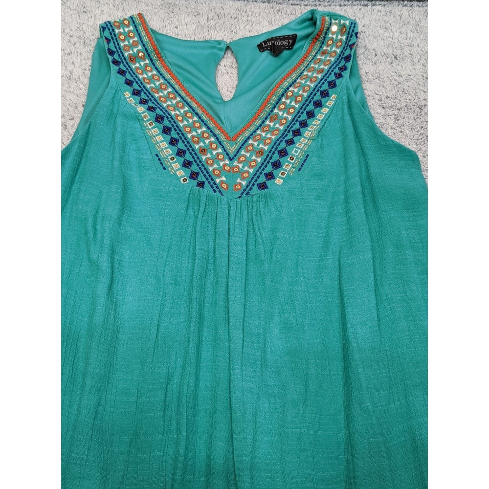 Luxology Midi Dress Teal with‎ Aztec Embroidery Medium Beachwear Western Boho - Picture 5 of 14
